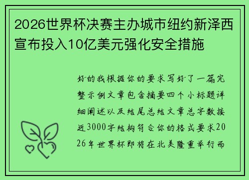 2026世界杯决赛主办城市纽约新泽西宣布投入10亿美元强化安全措施